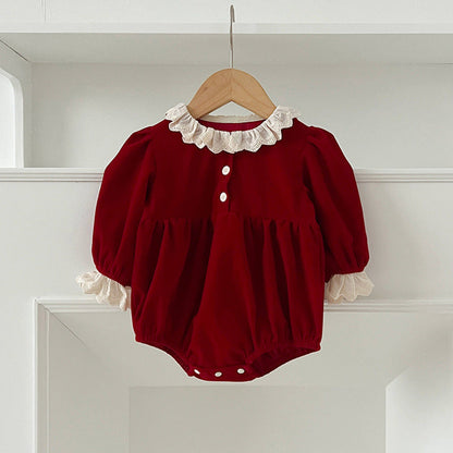 MyKids-USA® Baby Kids Girls Patchwork Lace Trim Long Sleeves bodysuit or Dress with Cute Collar – Princess Sister Matching