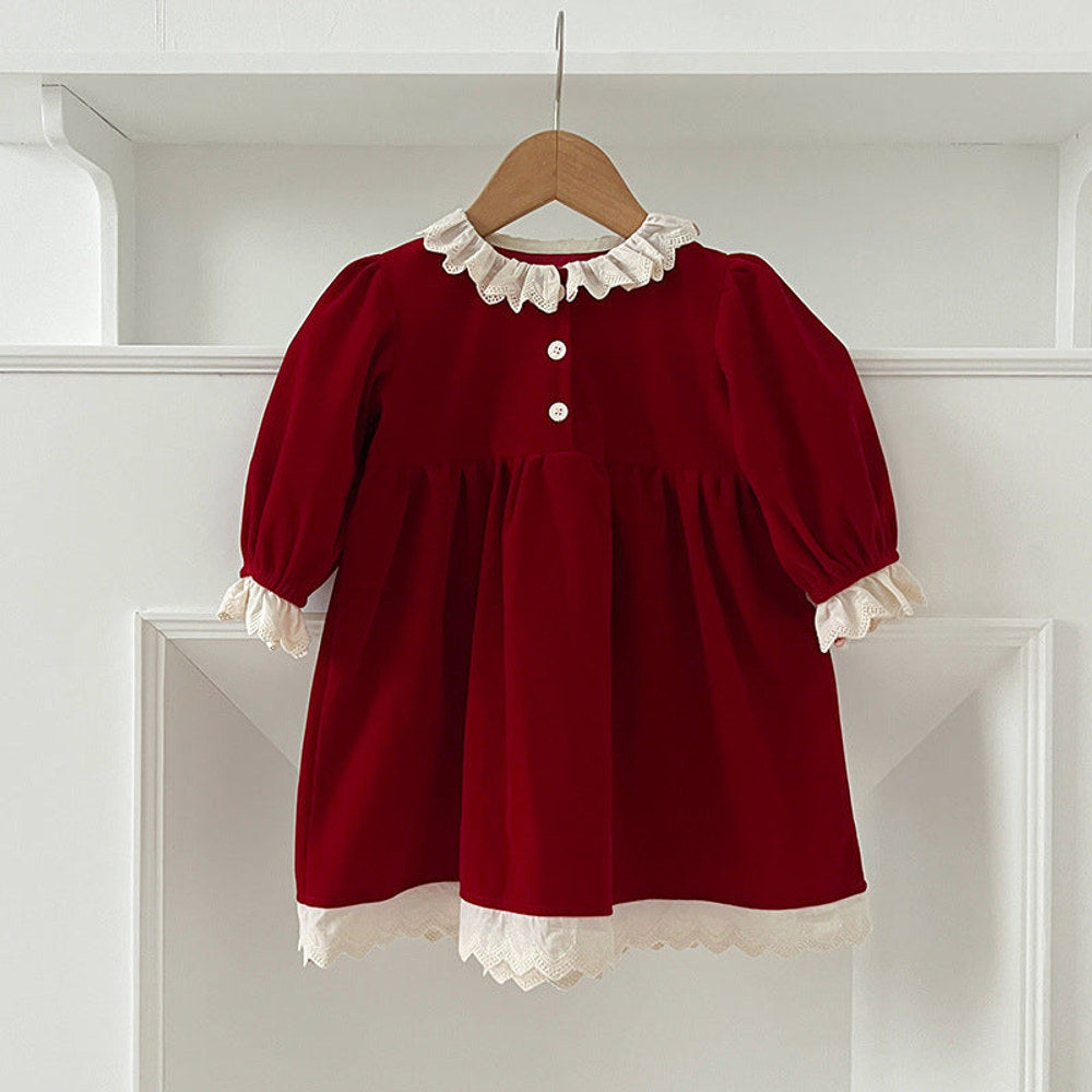 MyKids-USA® Baby Kids Girls Patchwork Lace Trim Long Sleeves bodysuit or Dress with Cute Collar – Princess Sister Matching