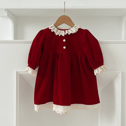 MyKids-USA® Baby Kids Girls Patchwork Lace Trim Long Sleeves bodysuit or Dress with Cute Collar – Princess Sister Matching