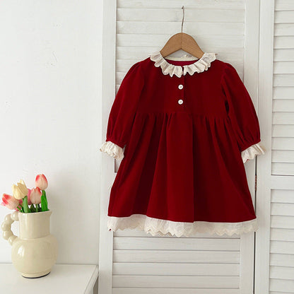 MyKids-USA® Baby Kids Girls Patchwork Lace Trim Long Sleeves bodysuit or Dress with Cute Collar – Princess Sister Matching