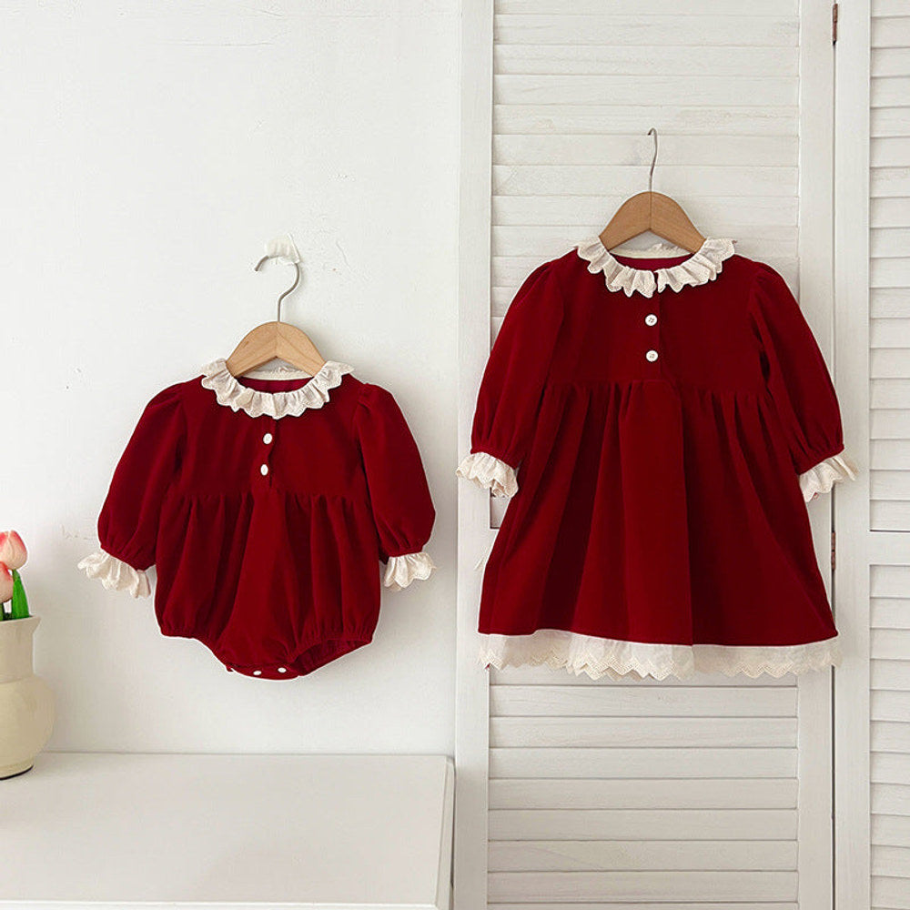 MyKids-USA® Baby Kids Girls Patchwork Lace Trim Long Sleeves bodysuit or Dress with Cute Collar – Princess Sister Matching