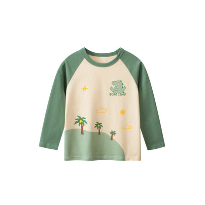 MyKids-USA® Baby Boys Cartoon Print Color Patchwork Long Sleeves Crew Neck Base Top Shirt