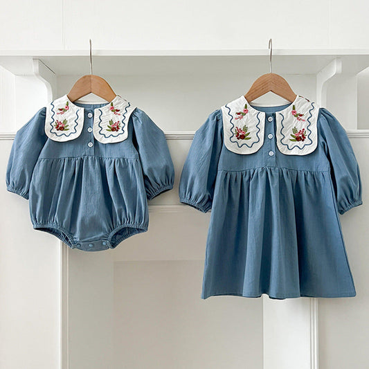 MyKids-USA® Baby Kids Girls Long Sleeves Flowers Embroidery French Collar bodysuit and Dress – Princess Sister Matching Set
