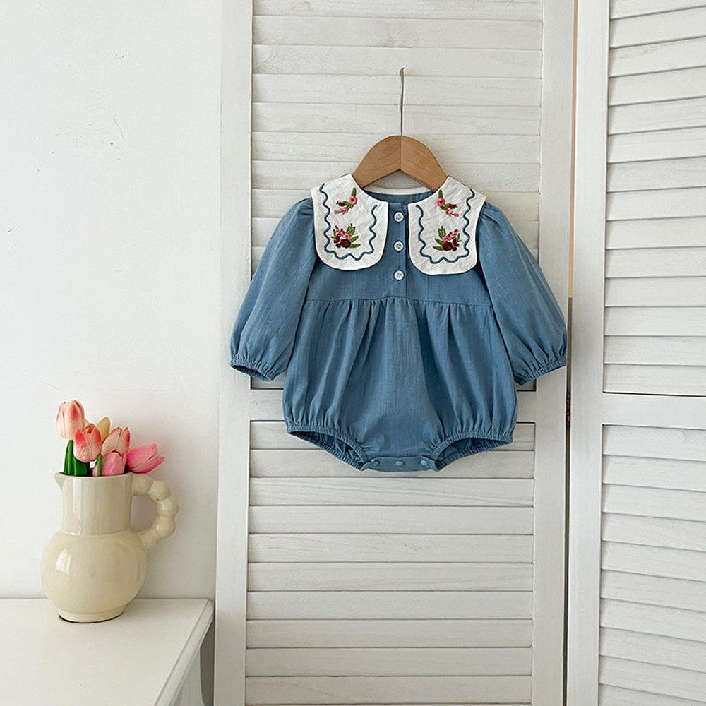 MyKids-USA® Baby Kids Girls Long Sleeves Flowers Embroidery French Collar bodysuit or Dress – Princess Sister Matching