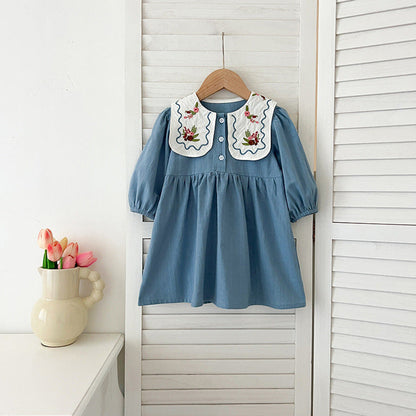 MyKids-USA® Baby Kids Girls Long Sleeves Flowers Embroidery French Collar bodysuit or Dress – Princess Sister Matching