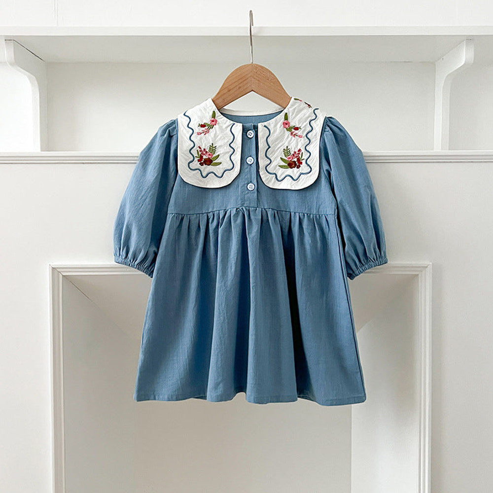 MyKids-USA® Baby Kids Girls Long Sleeves Flowers Embroidery French Collar bodysuit or Dress – Princess Sister Matching