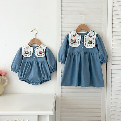 MyKids-USA® Baby Kids Girls Long Sleeves Flowers Embroidery French Collar bodysuit or Dress – Princess Sister Matching