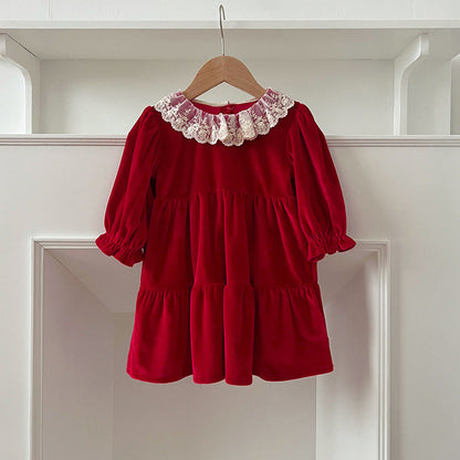 Arrival Autumn Baby Kids Girls Patchwork Lace Trim Collar Long Sleeves bodysuit and Dress – Princess Sister Matching Set