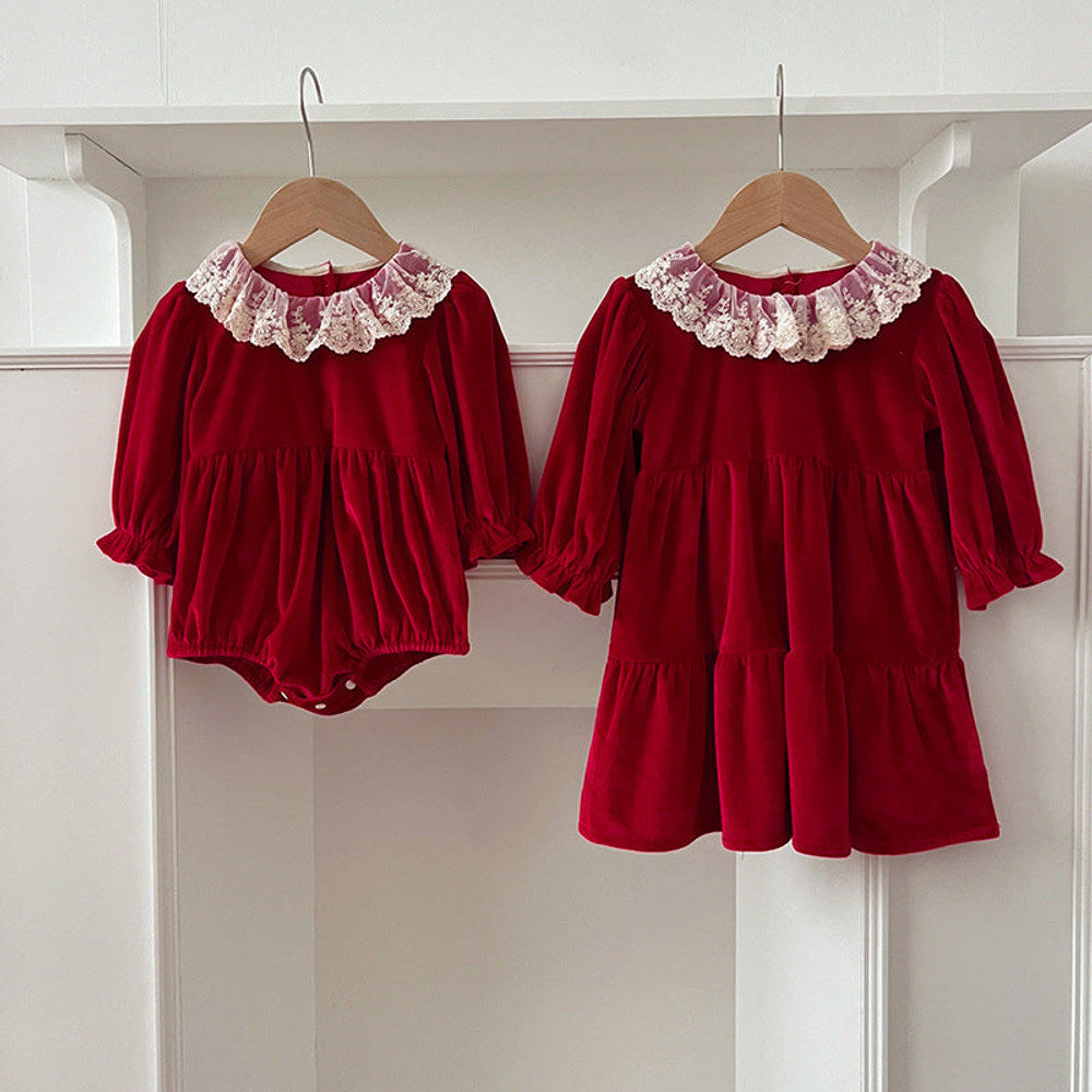 Arrival Autumn Baby Kids Girls Patchwork Lace Trim Collar Long Sleeves bodysuit and Dress – Princess Sister Matching Set