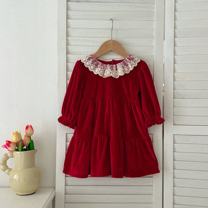 Arrival Autumn Baby Kids Girls Patchwork Lace Trim Collar Long Sleeves bodysuit and Dress – Princess Sister Matching Set