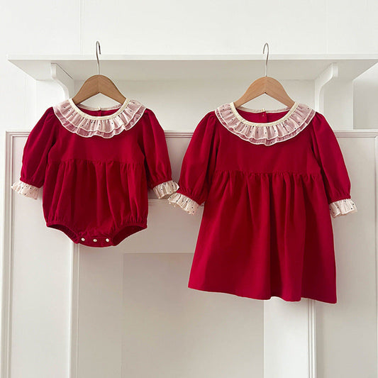 MyKids-USA® Baby Kids Girls Dots Pattern Collar Long Sleeves bodysuit and Dress – Princess Sister Matching Set