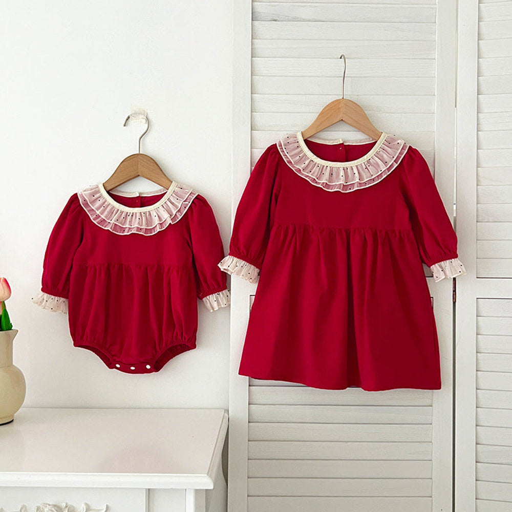 Arrival Autumn Baby Kids Girls Dots Pattern Collar Long Sleeves bodysuit and Dress – Princess Sister Matching Set