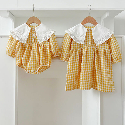 MyKids-USA® Baby Kids Girls Long Sleeves Plaid French Collar bodysuit and Dress – Princess Sister Matching Set