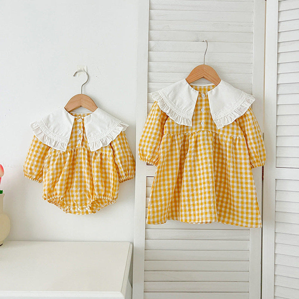 MyKids-USA® Baby Kids Girls Long Sleeves Plaid French Collar bodysuit or Dress – Princess Sister Matching