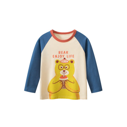MyKids-USA® Baby Boys Cartoon Teddy Bear Print Color Patchwork Long Sleeves Crew Neck Base Top Shirt