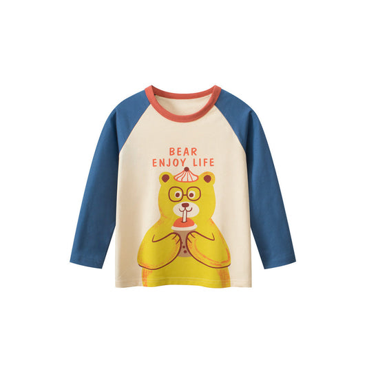 MyKids-USA® Baby Boys Cartoon Teddy Bear Print Color Patchwork Long Sleeves Crew Neck Base Top Shirt