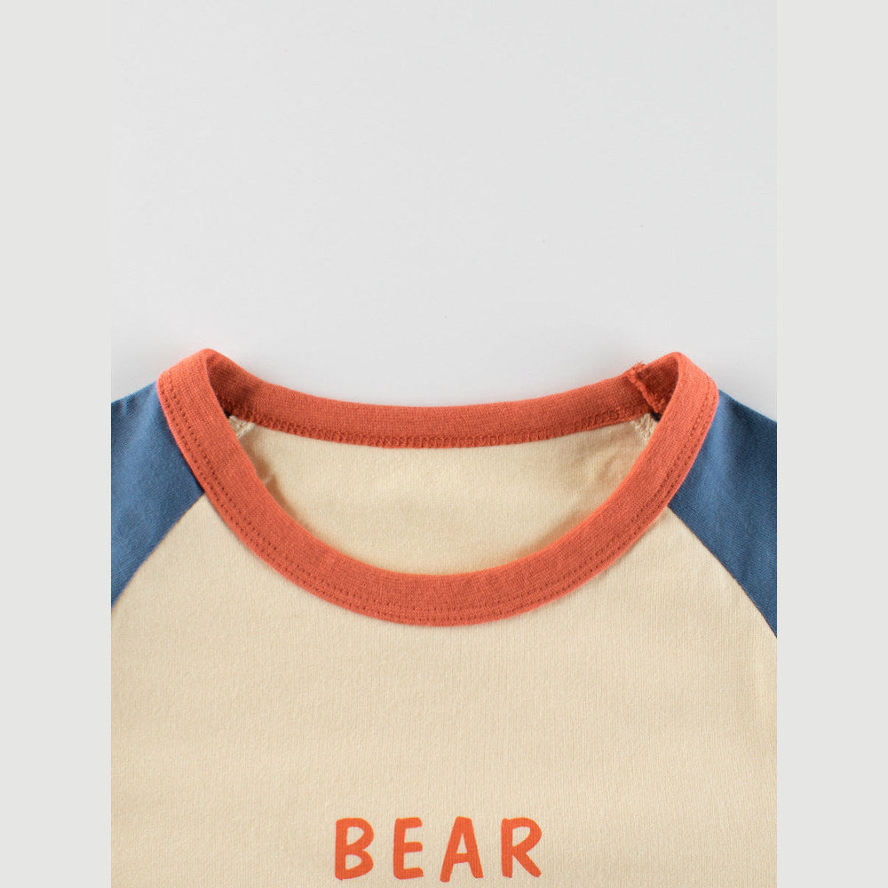 MyKids-USA® Baby Boys Cartoon Teddy Bear Print Color Patchwork Long Sleeves Crew Neck Base Top Shirt