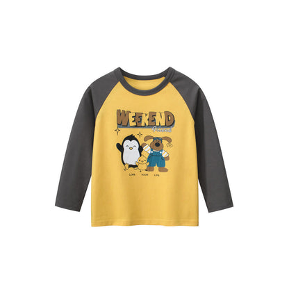 MyKids-USA® Baby Boys Cartoon Animals Friend Print Color Patchwork Long Sleeves Crew Neck Base Top Shirt