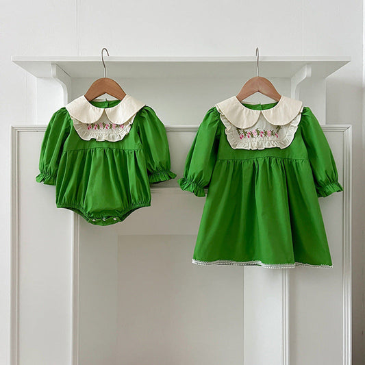 MyKids-USA® Baby Kids Girls Long Sleeves Peter Pan Collar Embroidery Flowers Pattern bodysuit and Dress – Princess Sister Matching Set