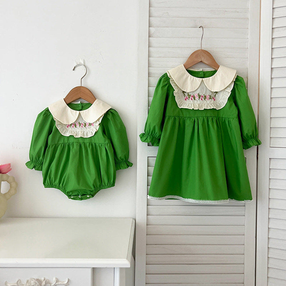 MyKids-USA® Baby Kids Girls Long Sleeves Peter Pan Collar Embroidery Flowers Pattern bodysuit or Dress – Princess Sister Matching
