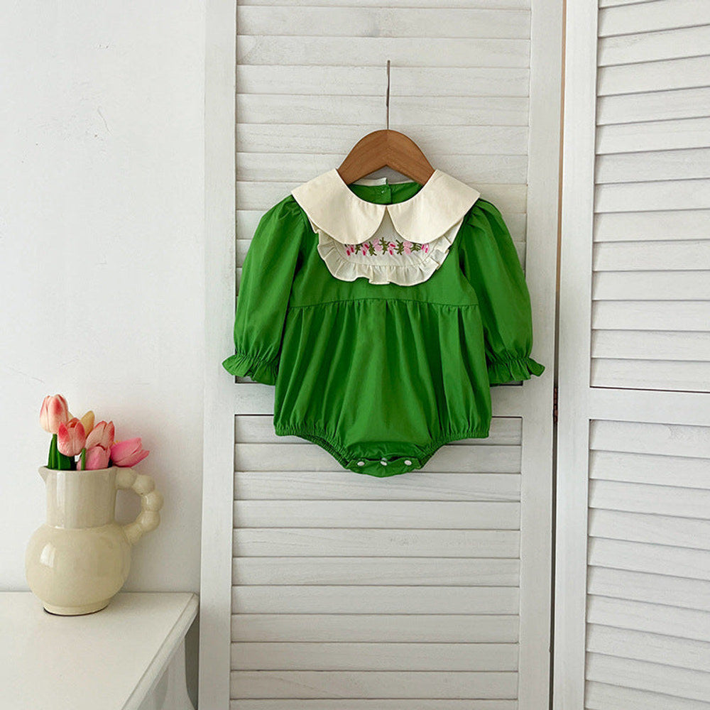 MyKids-USA® Baby Kids Girls Long Sleeves Peter Pan Collar Embroidery Flowers Pattern bodysuit or Dress – Princess Sister Matching