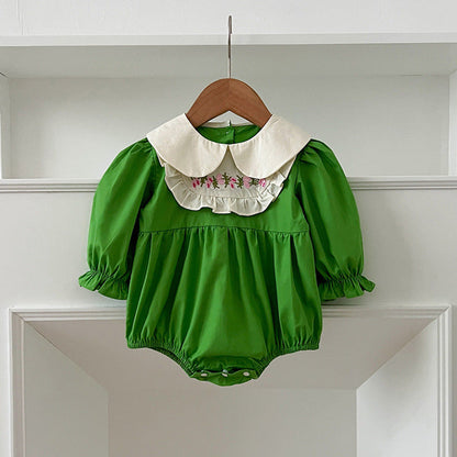 MyKids-USA® Baby Kids Girls Long Sleeves Peter Pan Collar Embroidery Flowers Pattern bodysuit or Dress – Princess Sister Matching