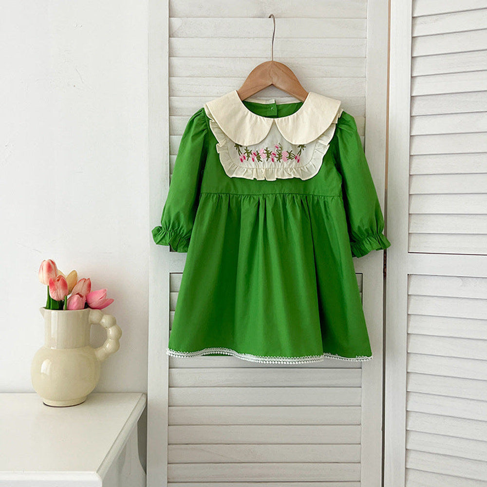 MyKids-USA® Baby Kids Girls Long Sleeves Peter Pan Collar Embroidery Flowers Pattern bodysuit or Dress – Princess Sister Matching