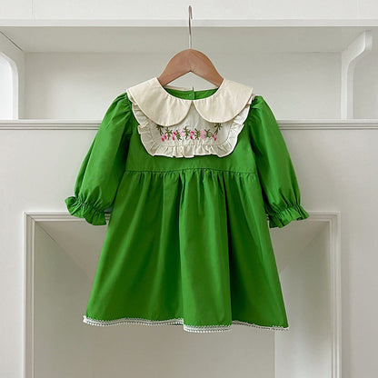 MyKids-USA® Baby Kids Girls Long Sleeves Peter Pan Collar Embroidery Flowers Pattern bodysuit or Dress – Princess Sister Matching