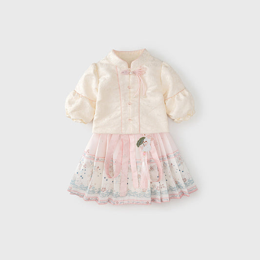 MyKids-USA® Autumn Arrival Baby Girls Simple Stand Collar Top and Rabbits Pattern Skirt Clothing Set