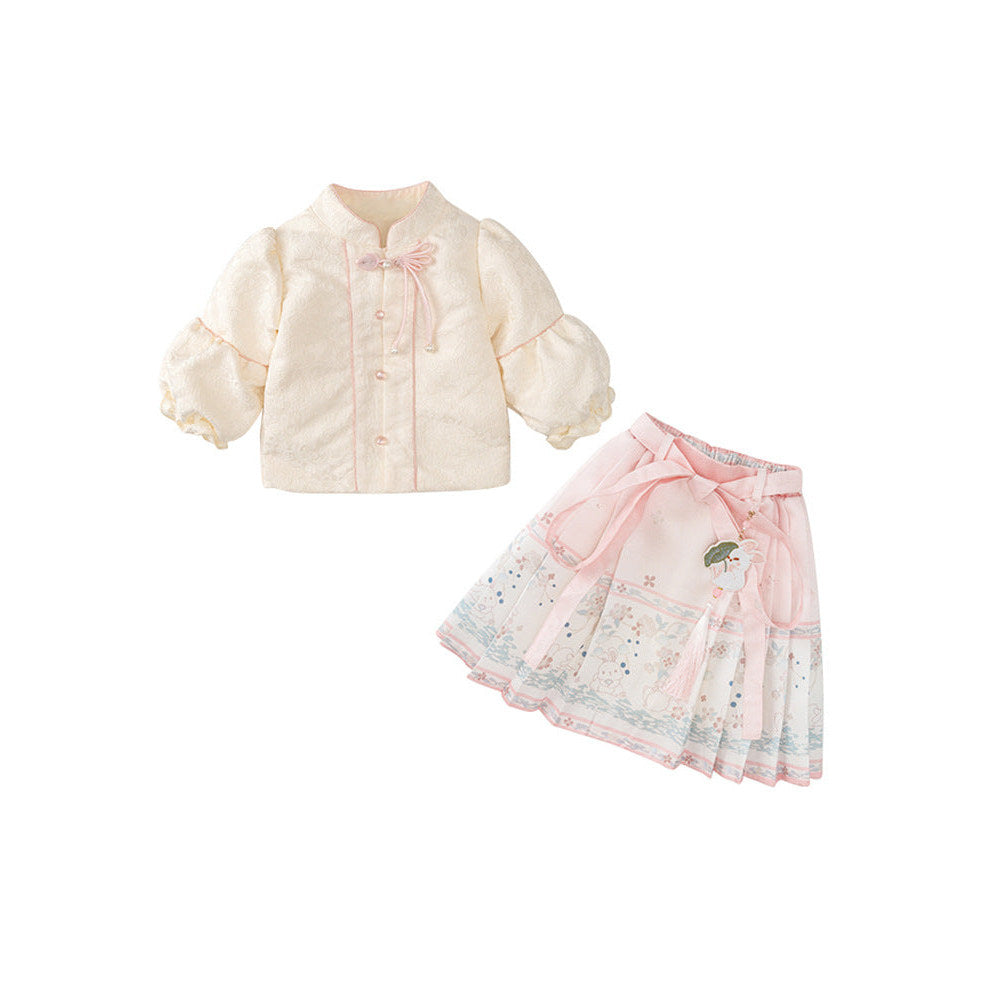 MyKids-USA® Baby Girls Simple Stand Collar Top and Rabbits Pattern Skirt Clothing Set