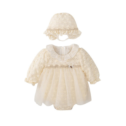 MyKids-USA® Tulle Dress Design Baby Girls Beige Geometric and Heart Pattern Long Sleeves bodysuit with Princess Collar and Hat