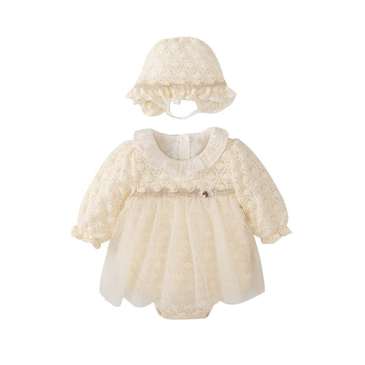 MyKids-USA® Tulle Dress Design Baby Girls Beige Geometric and Heart Pattern Long Sleeves bodysuit with Princess Collar and Hat