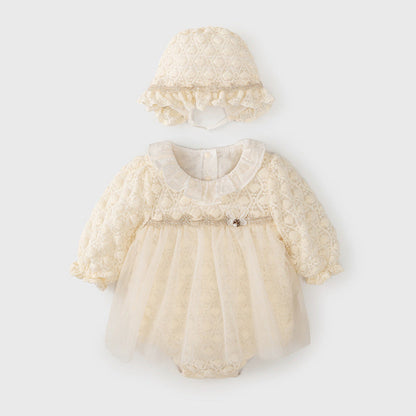 MyKids-USA® Tulle Dress Design Baby Girls Beige Geometric and Heart Pattern Long Sleeves bodysuit with Princess Collar and Hat