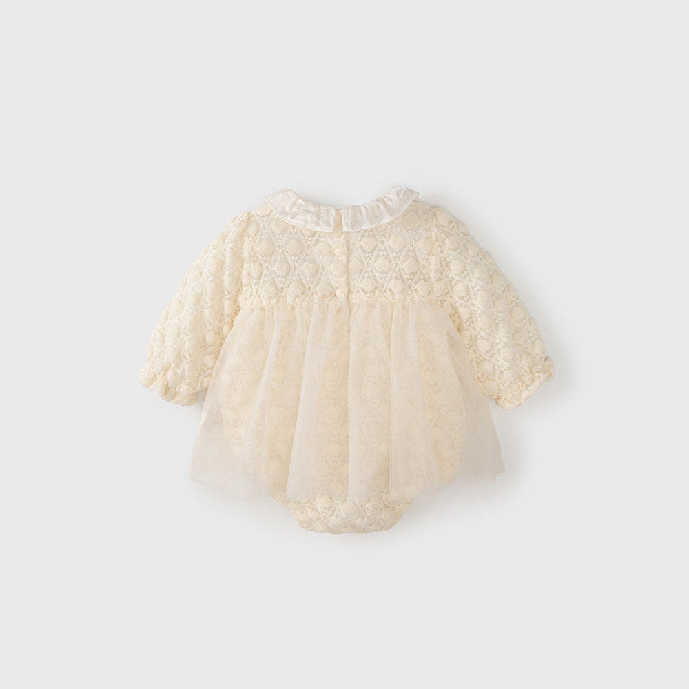 MyKids-USA® Tulle Dress Design Baby Girls Beige Geometric and Heart Pattern Long Sleeves bodysuit with Princess Collar and Hat