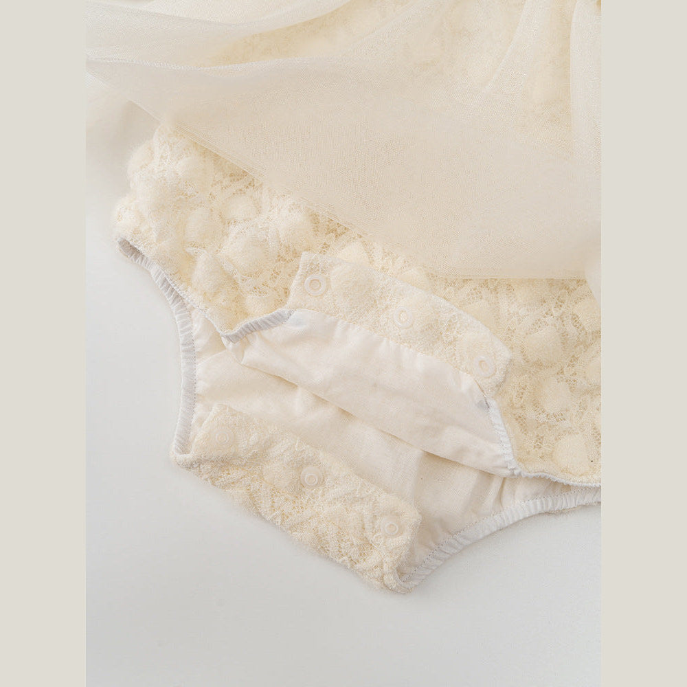 MyKids-USA® Tulle Dress Design Baby Girls Beige Geometric and Heart Pattern Long Sleeves bodysuit with Princess Collar and Hat