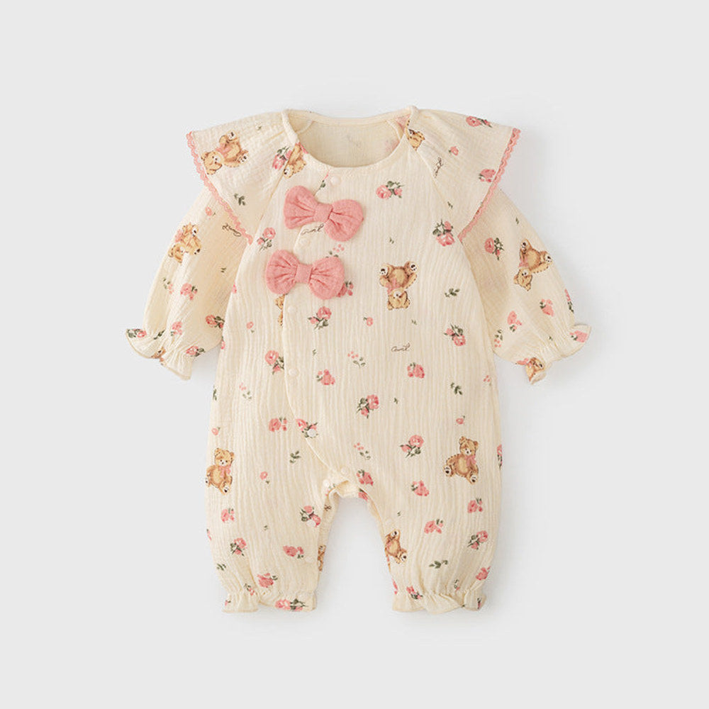MyKids-USA® Baby Girls Flowers and Teddy Pattern Butterfly Bows Attached Romper
