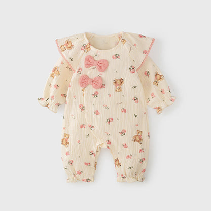 MyKids-USA® Baby Girls Flowers and Teddy Pattern Butterfly Bows Attached Romper