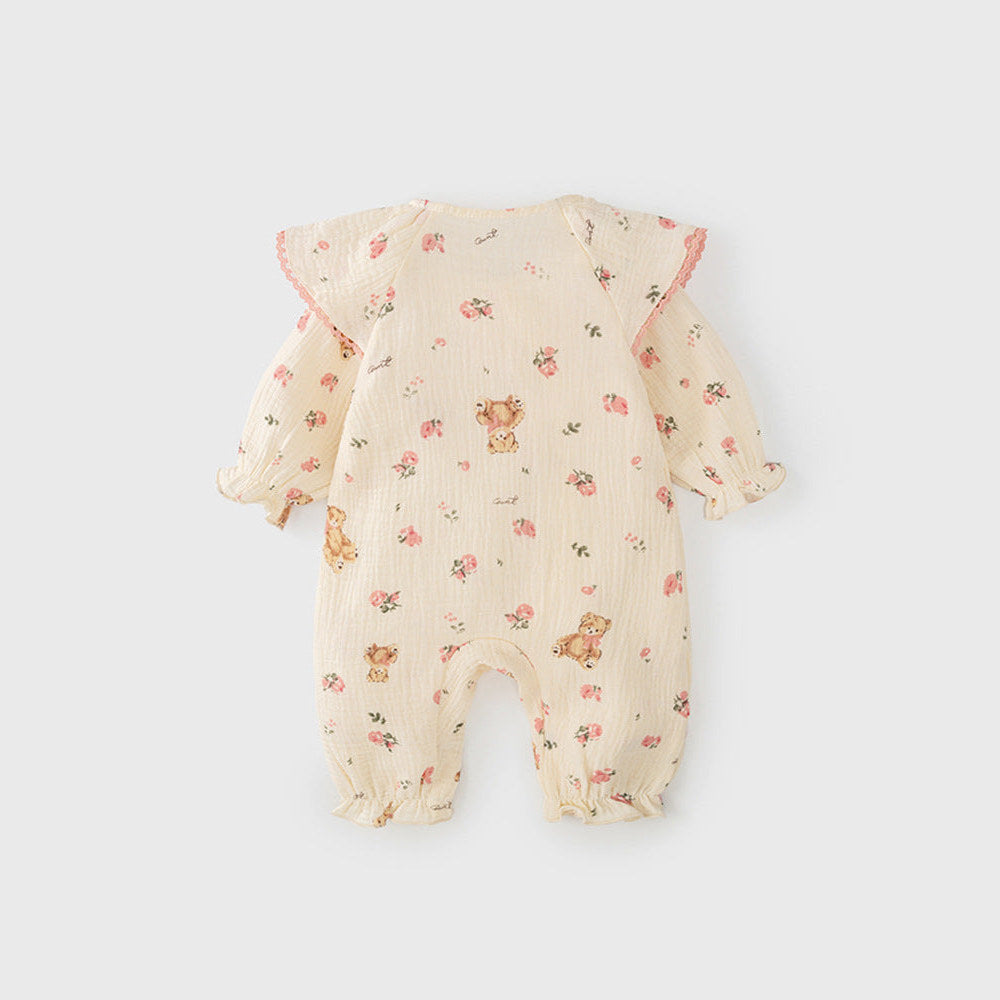MyKids-USA® Baby Girls Flowers and Teddy Pattern Butterfly Bows Attached Romper