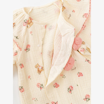 MyKids-USA® Baby Girls Flowers and Teddy Pattern Butterfly Bows Attached Romper