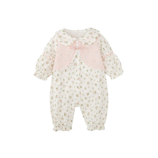 MyKids-USA® Autumn Arrival Baby Girls Flowers Pattern Single Breasted Romper with Cute Collar