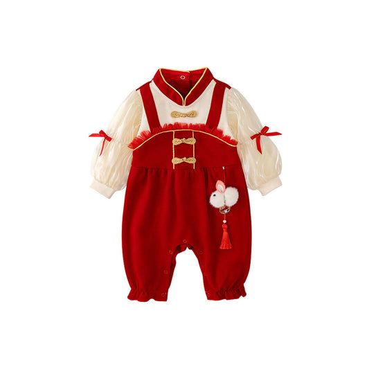 MyKids-USA® Autumn Design Baby Girls Color Patchwork Stand Collar Romper with Butterfly Bows