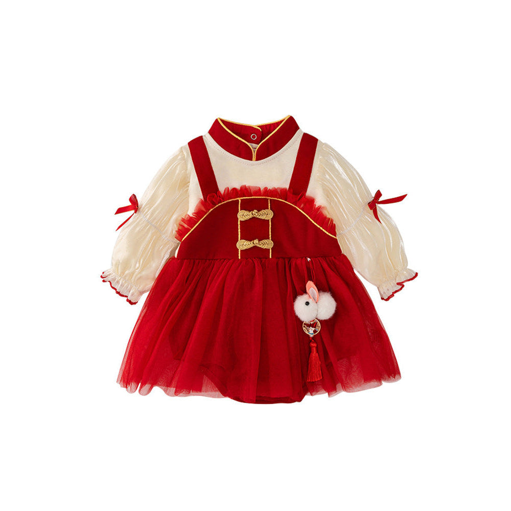 MyKids-USA® Tulle Dress Design Baby Girls Color Patchwork Long Sleeves bodysuit with Stand Collar and Butterfly Bows
