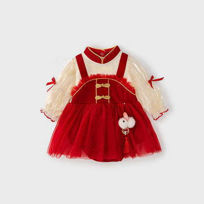 MyKids-USA® Tulle Dress Design Baby Girls Color Patchwork Long Sleeves bodysuit with Stand Collar and Butterfly Bows