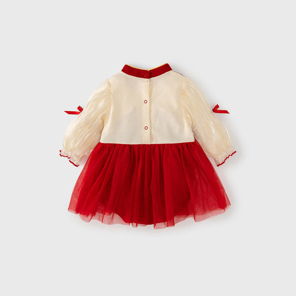 MyKids-USA® Tulle Dress Design Baby Girls Color Patchwork Long Sleeves bodysuit with Stand Collar and Butterfly Bows