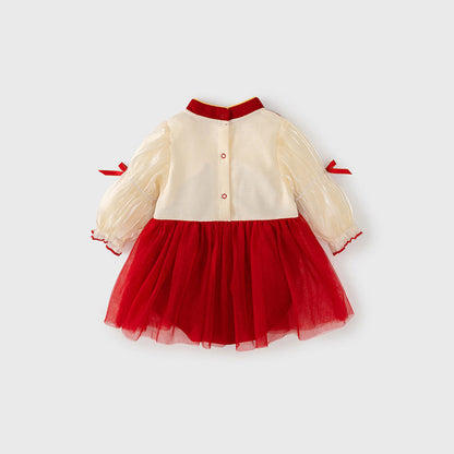 MyKids-USA® Tulle Dress Design Baby Girls Color Patchwork Long Sleeves bodysuit with Stand Collar and Butterfly Bows