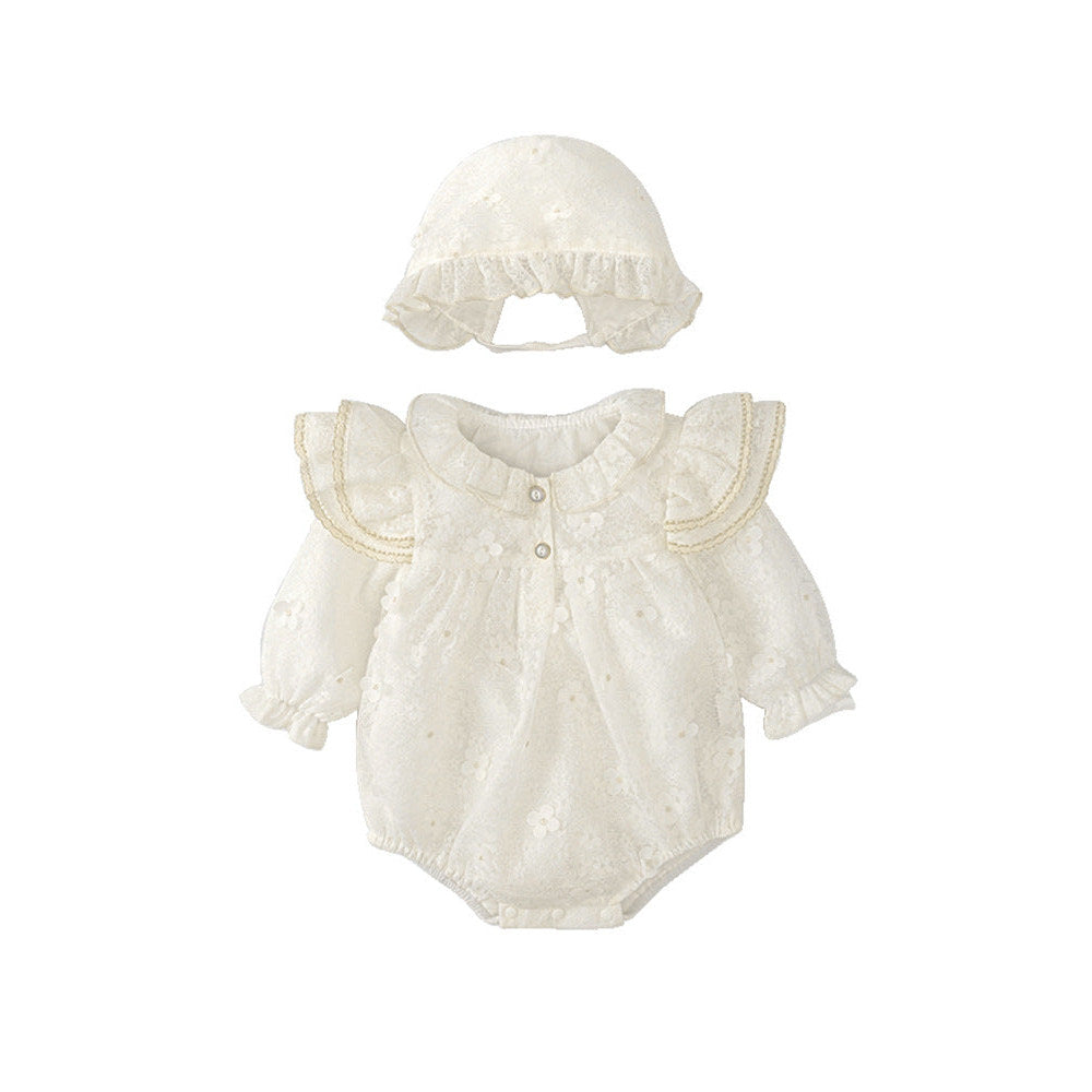 MyKids-USA® Solid Color Baby Girls Flowers Pattern Long Sleeves bodysuit with Princess Collar and Hat