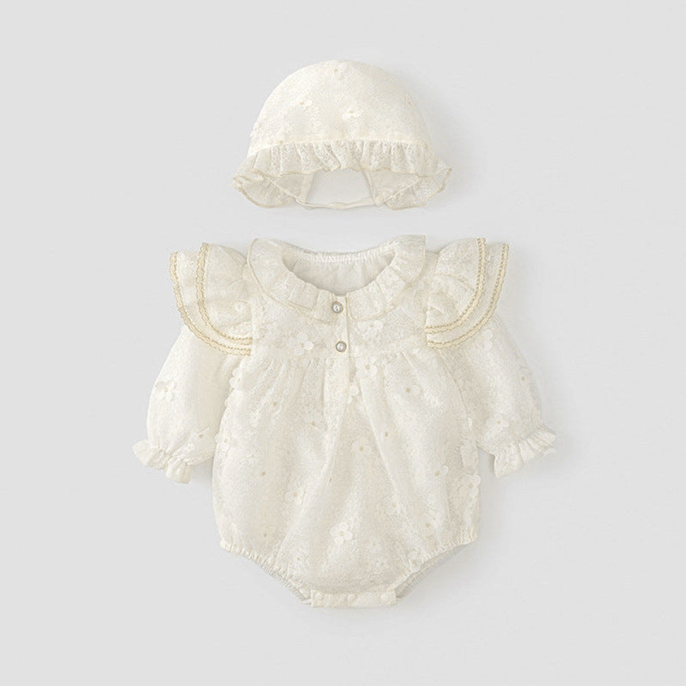 MyKids-USA® Solid Color Baby Girls Flowers Pattern Long Sleeves bodysuit with Princess Collar and Hat