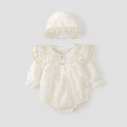 MyKids-USA® Solid Color Baby Girls Flowers Pattern Long Sleeves bodysuit with Princess Collar and Hat
