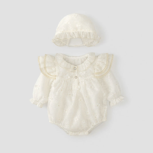 MyKids-USA® Solid Color Baby Girls Flowers Pattern Long Sleeves bodysuit with Princess Collar and Hat