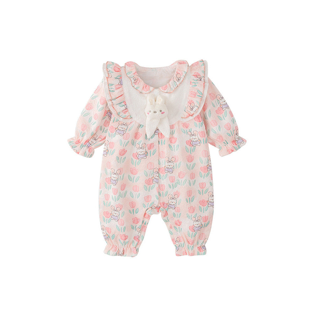 MyKids-USA® Baby Girls Flowers and Rabbits Pattern Single Breasted Romper with Cute Collar